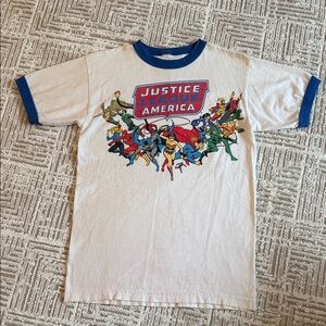 Vintage Justice League America Superhero Ringer White Blue Tee